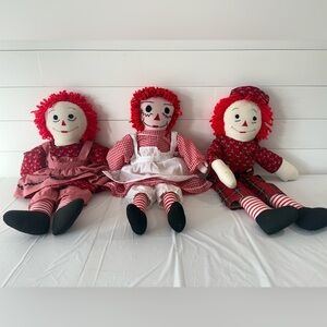 Vintage Raggedy Ann & Andy Dolls Lot of 3 Handmade Cloth Red Yarn Hair‎ 24”